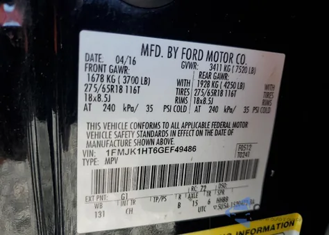 2016 Ford Expedition El Xlt from USA, damaged, VIN 1FMJK1HT6GEF49486